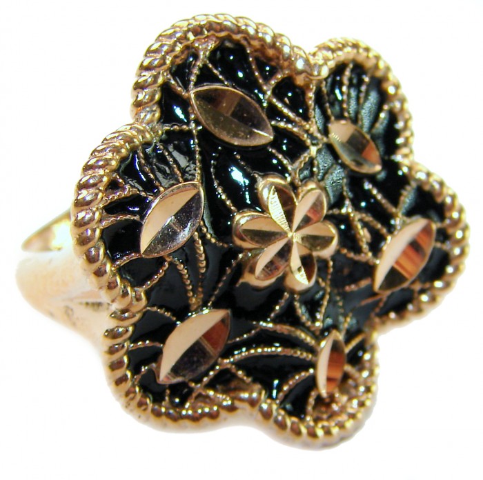 Dubai Style - Golden Flowers black enamel .925 Sterling Silver dipped in 22K Rose Gold handmade Large ring size 6 - Close-up of Dubai Style ring with golden flowers and black enamel.