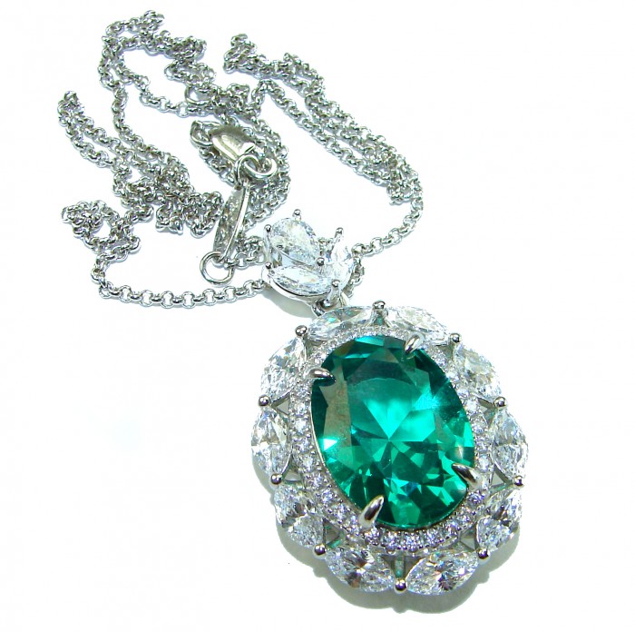 Heirloom authentic 17.9 carat Colombian Emerald .925 Sterling Silver handcrafted Statement necklace - Close-up of Colombian emerald necklace on a silver chain