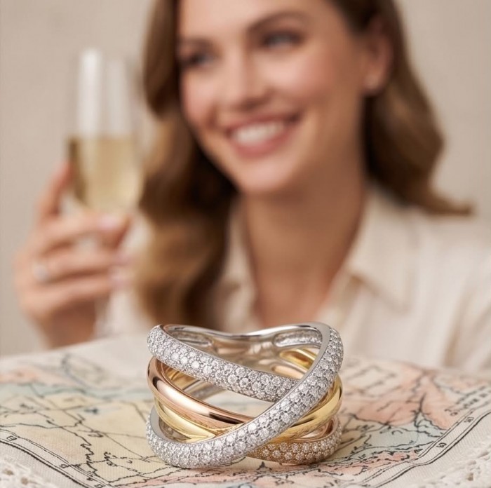 Vivien - Natural White Topaz 3 tones .925 Sterling Silver dipped in 18K Gold handmade ring size 8 - Vivien ring in 3 tones with white topaz, close-up, blurred background