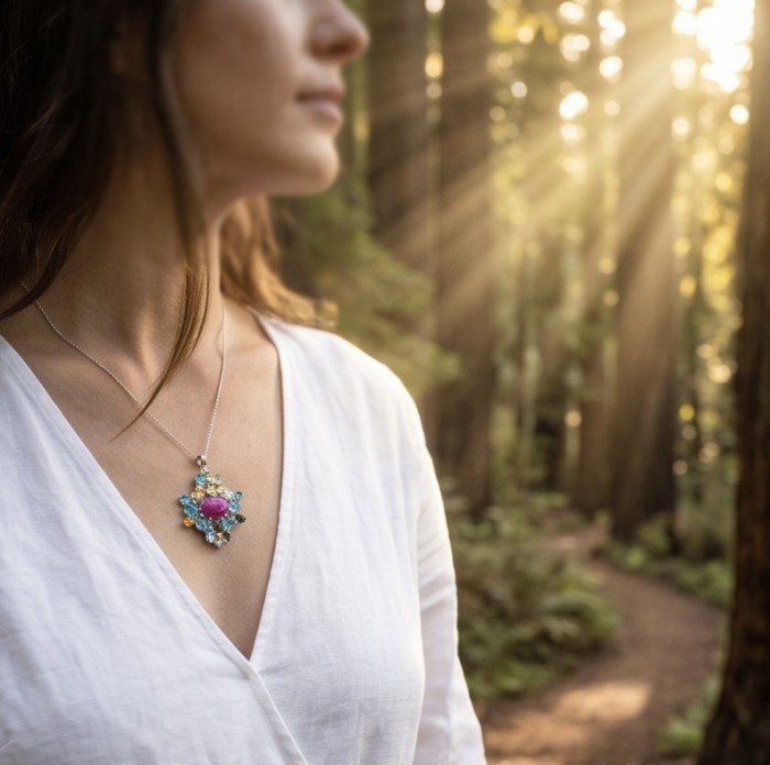 Giovanna- 25.5 carat Authentic Kashmir Ruby .925 Sterling Silver handcrafted Pendant and Brooch - Necklace with Kashmir ruby pendant worn outdoors, side profile view.