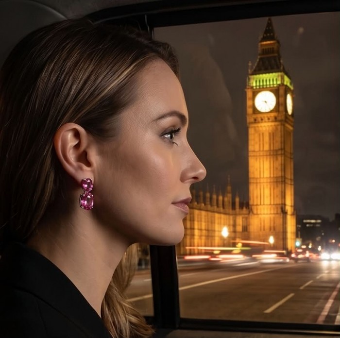 Large - Tiffany - authentic oval cut 49.7 carat Pink Sapphire .925 Sterling Silver handcrafted Earrings - Side view of woman wearing pink sapphire earrings, Big Ben background