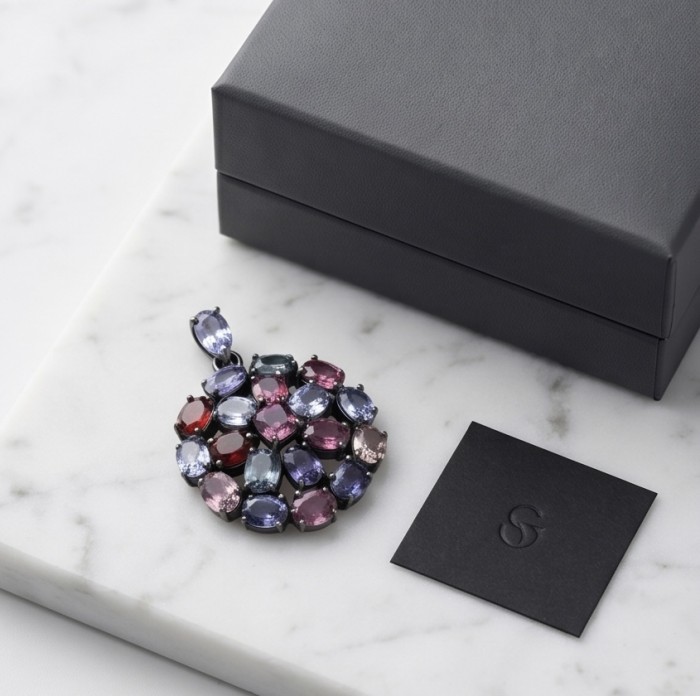 Scarlett 23.5 carat Brazilian Watermalon Tourmaline black rhodium over .925 Sterling Silver handmade Pendant - Scarlett 23.5 ct Brazilian Tourmaline pendant, top view on marble surface