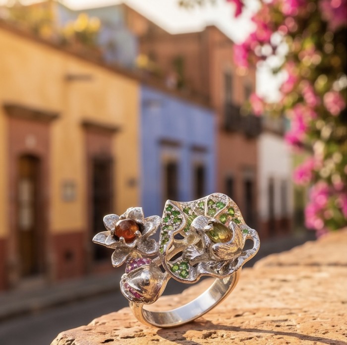 Flowers 10.2 carat natural Watermelon Tourmaline .925 Sterling Silver dipped in rhodium Perfectly handcrafted Ring s. 8 1/4 - Close-up of flower ring with gemstones on rustic background