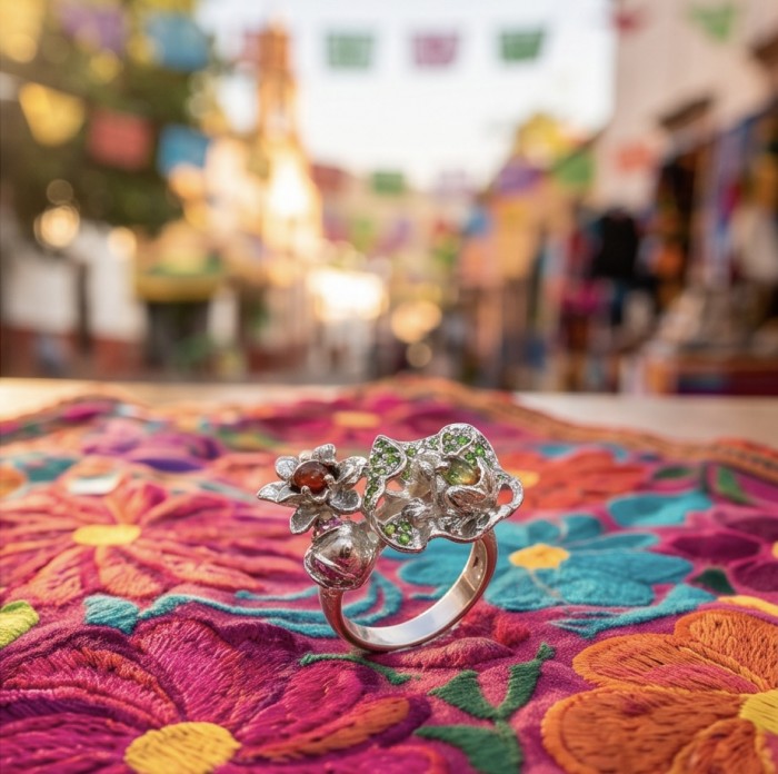 Flowers 10.2 carat natural Watermelon Tourmaline .925 Sterling Silver dipped in rhodium Perfectly handcrafted Ring s. 8 1/4 - Close-up of floral ring with Watermelon Tourmaline on embroidered cloth