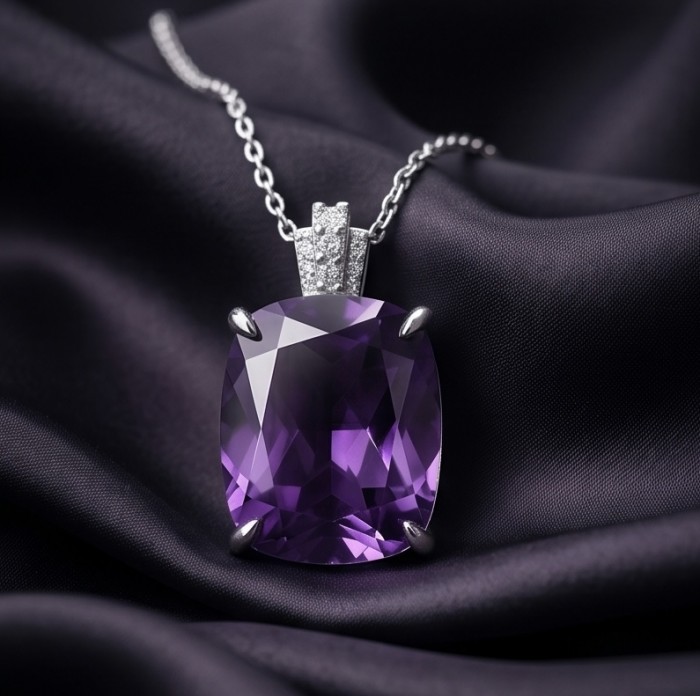 Classic design 22.5 carat African Amethyst .925 Sterling Silver dipped in rhodium handcrafted necklace - Amethyst pendant stone close-up on fabric background.
