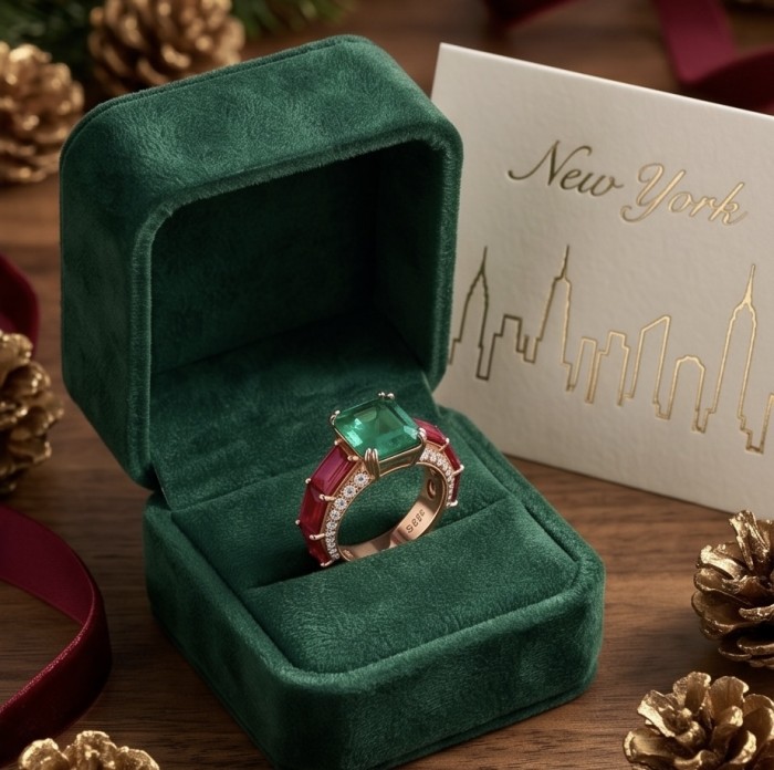 Giovanna 6.7 carat Ruby Emerald .925 Sterling Silver dipped 22K Rose Gold handmade Statement Ring size 6 - Green velvet box with Giovanna ruby and emerald ring, side view