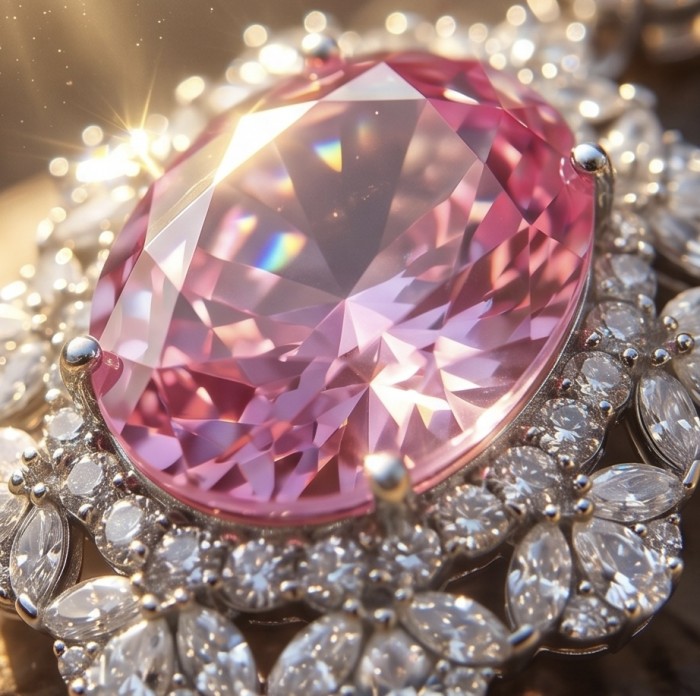 Tiffany Incredible oval cut 20.4 carat Pink Sapphire .925 Sterling Silver handcrafted pendant - Close-up of oval cut pink sapphire with diamond halo.