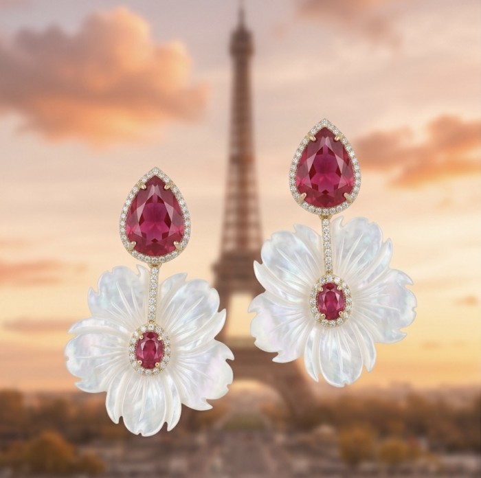 Summer Flowers Blister Pearl Red Topaz 14K Gold over .925 Sterling Silver handcrafted Earrings - Earrings with red topaz and pearl against Eiffel Tower background.