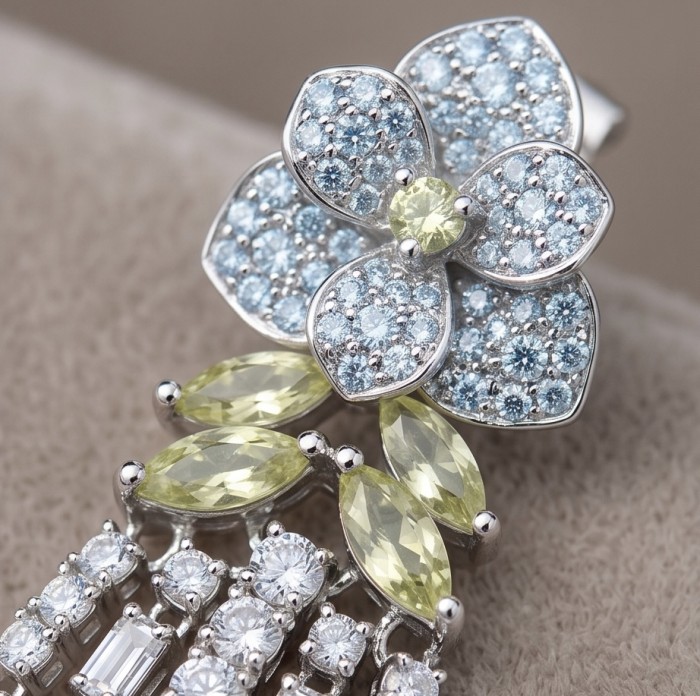 Luxurious Golden - 8.2 carat yellow Montana Sapphire .925 Sterling Silver handcrafted Statement earrings - Close-up of luxurious sapphire and diamond floral jewelry design