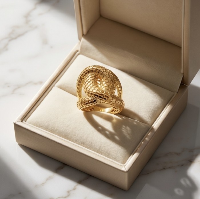 Dubai Style - Golden knot - .925 Sterling Silver dipped in 22K Gold handmade Large ring size 9 - Golden knot ring in box, top view, sterling silver with gold plating