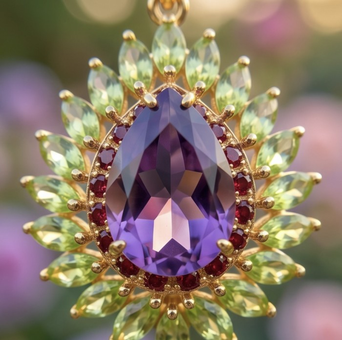 Mademoiselle - 22.7 carat Amethyst Brazilian Peridot 18K Gold over .925 Sterling Silver handcrafted Pendant - Close-up of a teardrop amethyst pendant with peridot and ruby accents