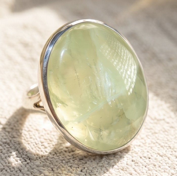 Outstanding LARGE 29.5 carat Natural Prehnite from Scotland .925 Sterling Silver handmade ring s. 9 1/2 - Close-up of large natural Prehnite ring on textured surface.