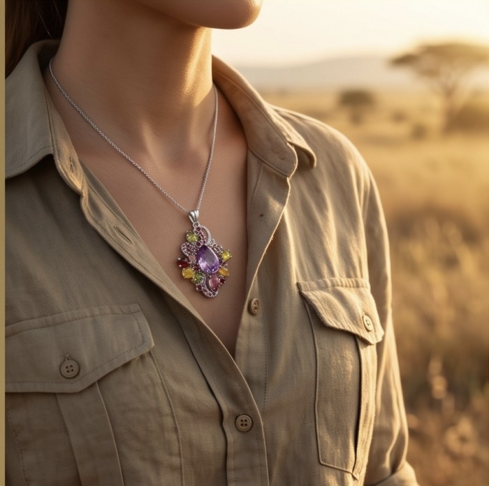 Divine Protection 25.8 carat Precious Multigem .925 Sterling Silver dipped in rhodium Pendant - Pendant with multigem stones worn on neck in outdoor setting