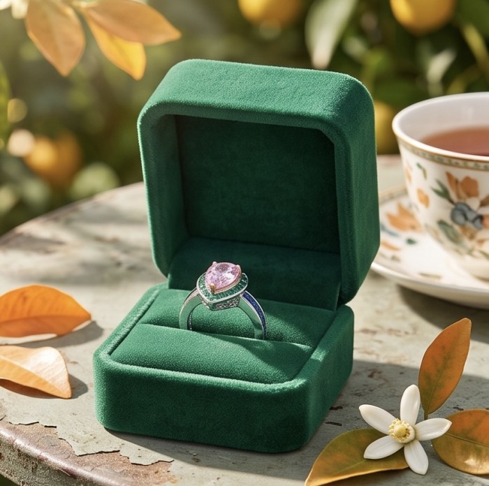 Emily - Art Deco - Precious genuine 9.8 carat Kunzite rhodium over .925 Sterling Silver handcrafted ring size 7 - Kunzite ring in green box, top view, with cup and flowers in background.