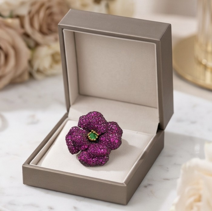 Black Label Collection - Retro Style - Rose Genuine 42.5 carat Ruby 2 tones .925 Sterling Silver dipped in rhodium handmade Pendant - Brooch - Purple flower brooch in open box, top view