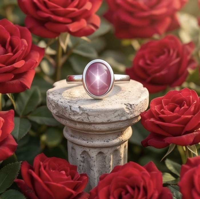 Bella Rosa Genuine 10.5 CARAT Star Ruby 22K Gold over .925 Sterling Silver Large Statement Ring size 8 adjustable - Close-up of Bella Rosa 10.5 carat star ruby ring among red roses.