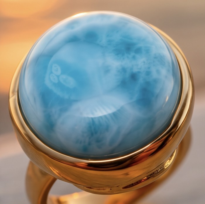 Perfection 20.4 carat Blue Larimar 22K Gold over .925 Sterling Silver handmade ring size 7 adjustable - Stone close-up of Perfection 20.4 carat Blue Larimar in 22K Gold setting.