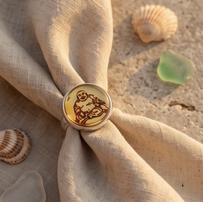 Buddha Authentic carved Baltic Amber .925 Sterling Silver handcrafted ring; s. 7 adjustable - Buddha carved amber ring with shells and sea glass, top view.