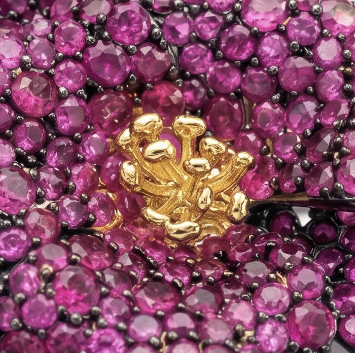 Black Label Collection - Retro Style - Rose Genuine 40.5 carat Ruby 2 tones .925 Sterling Silver dipped in black rhodium handmade Pendant - Brooch - Close-up of gemstones on Black Label Collection Retro Style Rose jewelry.