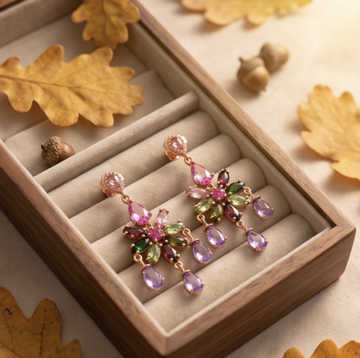 Authentic Brazilian Watermelon Tourmaline Tanzanite 18K Rose Gold over .925 Sterling Silver handcrafted earrings - Colorful earrings in a box, surrounded by autumn leaves, top view.