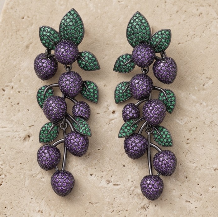 Incredible Ripe Grapes 9.5 carat Amethyst Chrome Dopiside black rhodium over .925 Sterling Silver handcrafted Statement earrings - Purple and green grape earrings on stone background, front view.