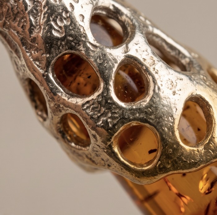 Very Special product - Wonderful natural Baltic Amber 2 tones .925 Sterling Silver entirely handcrafted earrings - Close-up of textured metalwork and amber in the jewelry piece.