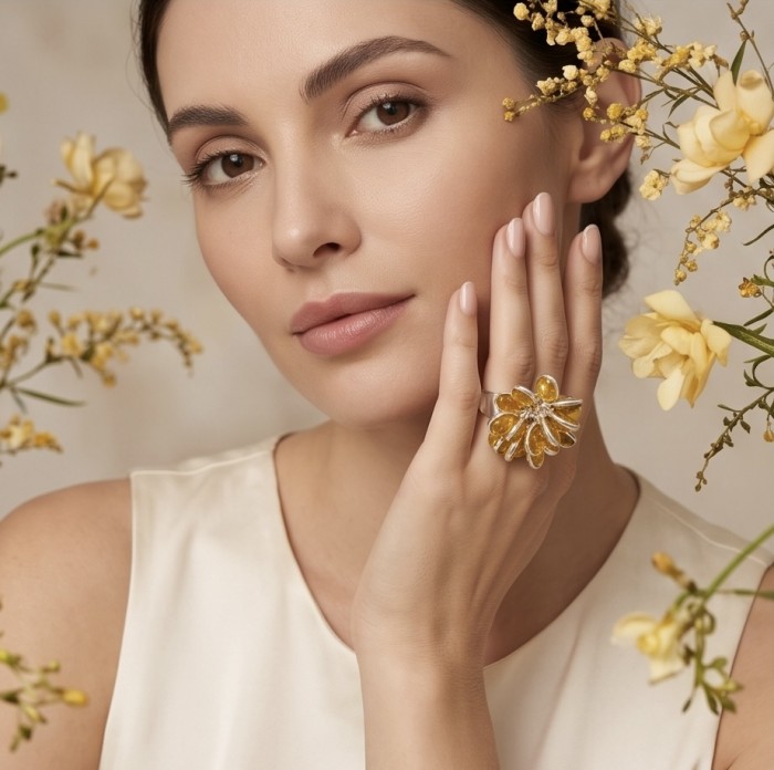 Authentic oval cut 18.2 carat Golden Topaz rhodium over .925 Sterling Silver cha- cha ring s. 6 - Model wearing ring with golden topaz, frontal view, surrounded by flowers.