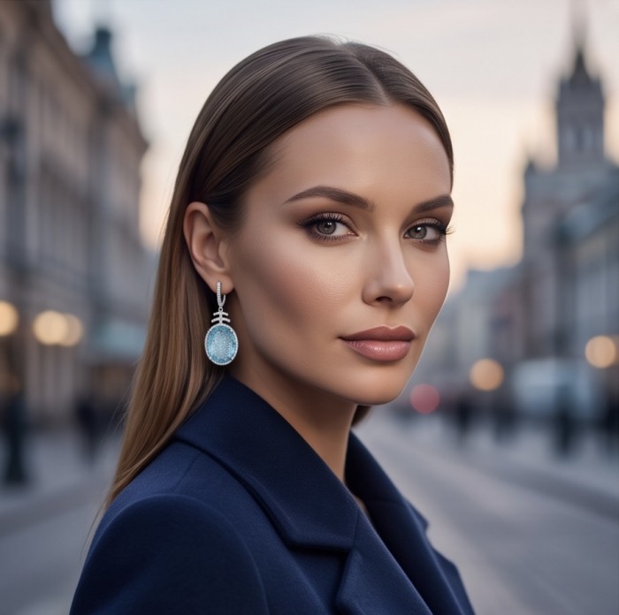 Angelina 20.9 carat authentic Aquamarine .925 Sterling Silver Handcrafted Earrings - Woman wearing Angelina aquamarine earrings on a city street.