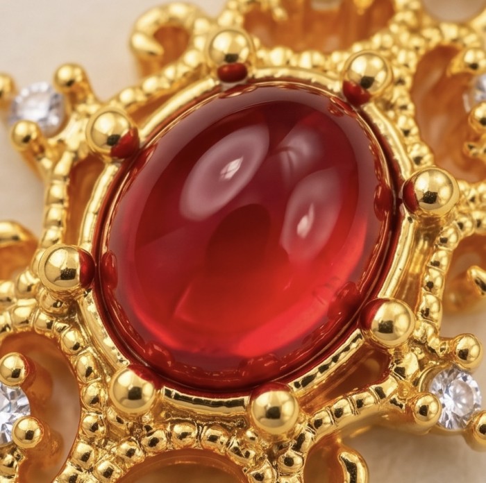 Art deco - Natural 2.1 carat Mozambique Ruby .925 Sterling Silver Handcrafted Pendant - Close-up of natural Mozambique ruby set in ornate gold design.