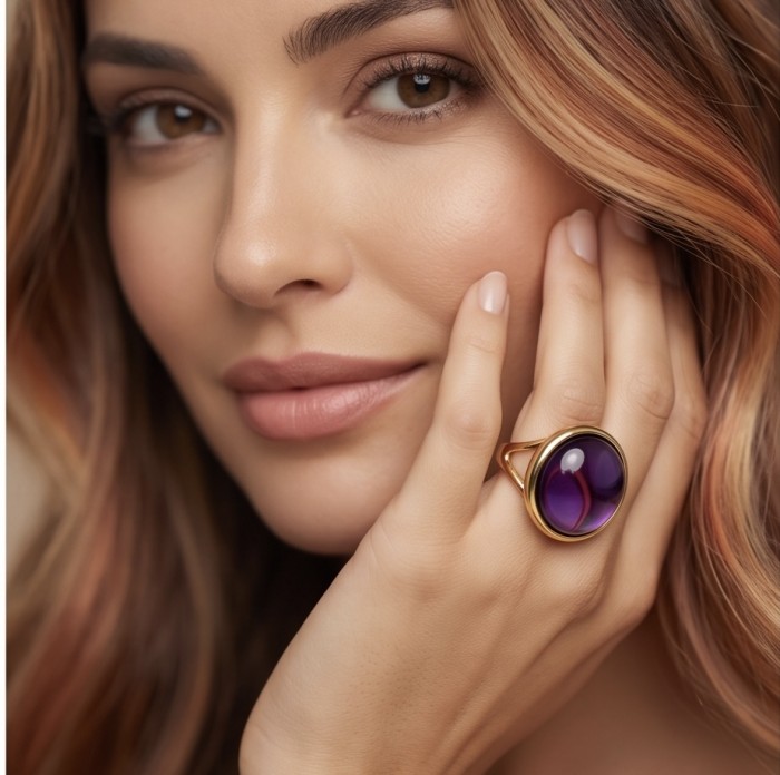 Top quality 22.5 carat Amethyst .925 Sterling Silver dipped in 18K Gold Handcrafted Large Ring size 8 1/4 - Amethyst ring worn on hand, close-up view.