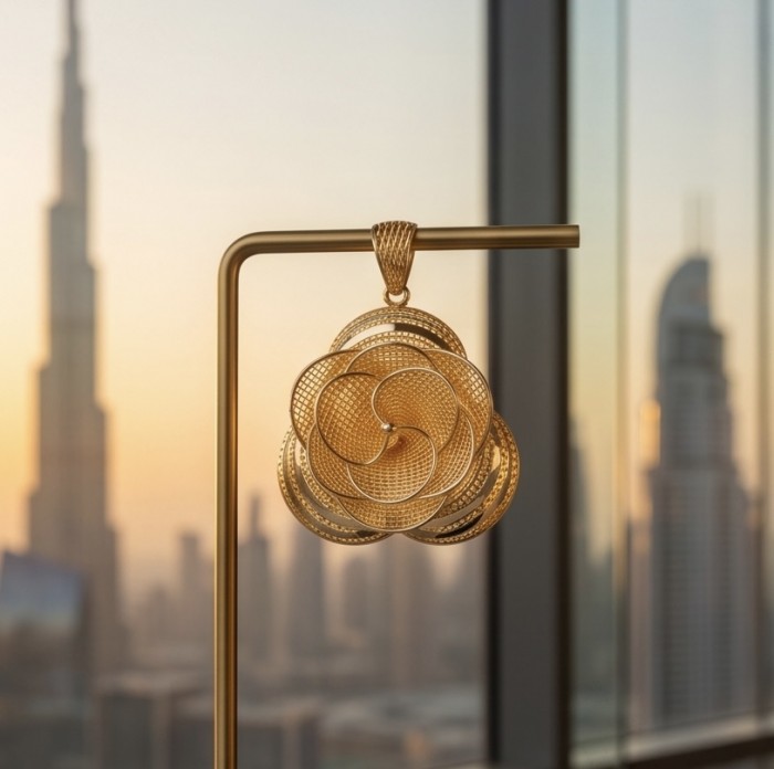 Dubai Style - Golden Rose .925 Sterling Silver dipped in 22K Gold handmade Pendant - Golden rose pendant in front of a city skyline against sunset backdrop.