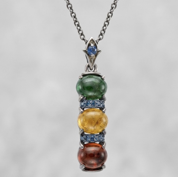 Stella 8.5 carat Brazilian Watermalon Tourmaline black rhodium over .925 Sterling Silver handmade Pendant - Pendant close-up showing colorful stones on a chain