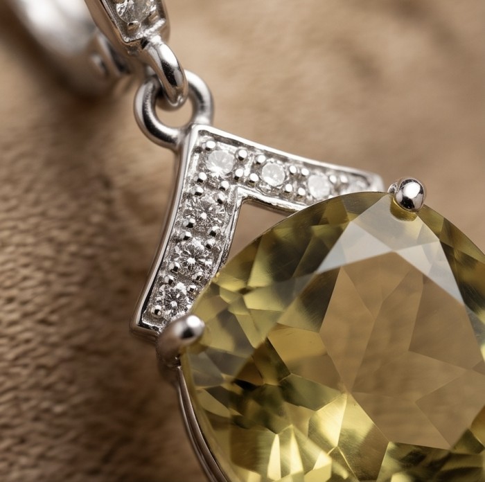 Giovanna 14.5 carat Champagne Smoky Topaz Rhodium over .925 Sterling Silver handmade Statement Earrings - Close-up of Champagne Smoky Topaz and diamond accent in rhodium setting.