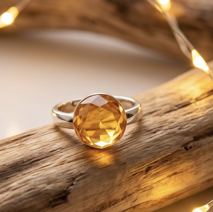 Modern Concept Golden Sphere - Natural faceted Baltic Amber .925 Sterling Silver ring s. 6 - Ring with faceted amber stone on wood, close-up view.