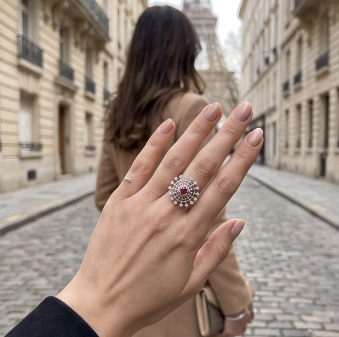 Bella Rosa Genuine 0.4 CARAT Ruby rhodium over .925 Sterling Silver Statement Ring size 7 - Ruby ring worn on hand with Paris street and Eiffel Tower background.