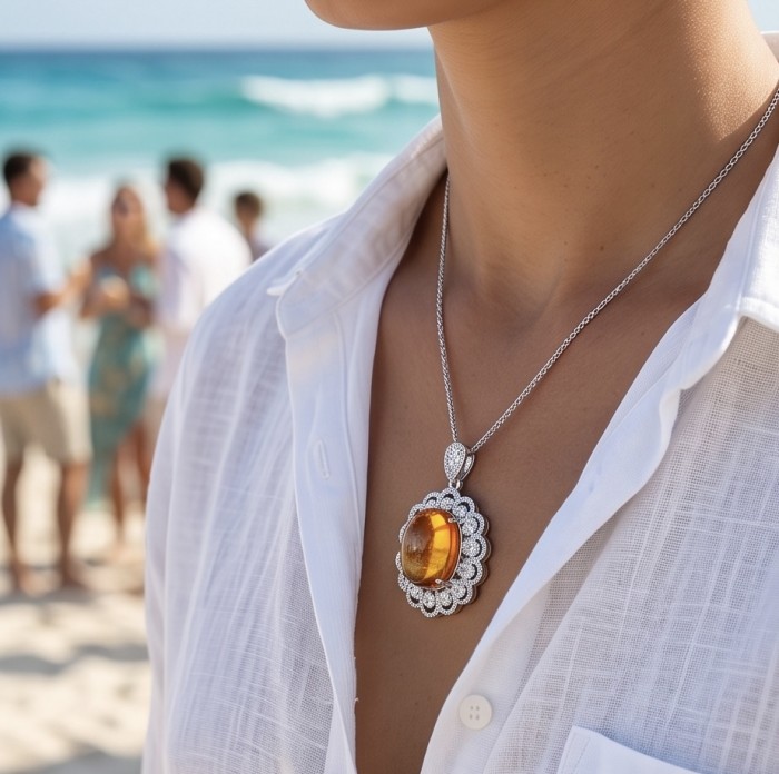 Giovanna 18.2 carat authentic Brazilian yellow Tourmaline .925 Sterling Silver handmade Pendant - Close-up of Giovanna yellow Tourmaline pendant worn at the beach.