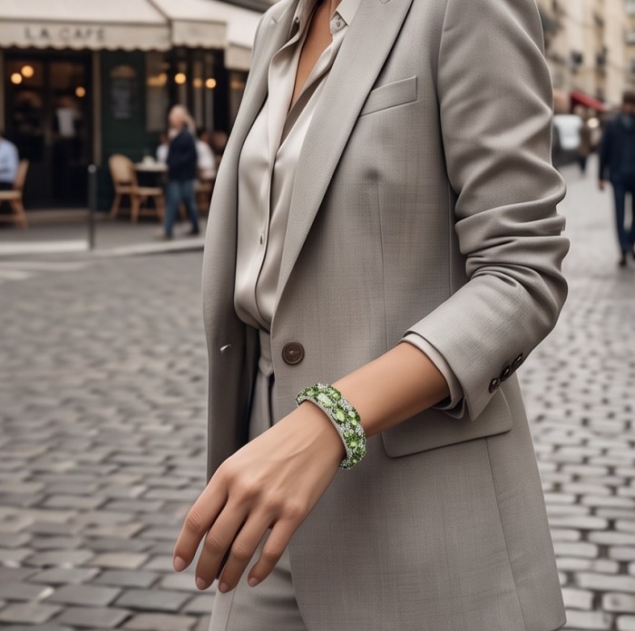 Tiffany - Authentic 45.2 carat Green Tourmaline .925 Sterling Silver handcrafted Statement bangle Bracelet - Green tourmaline bracelet worn on hand, gray suit background.