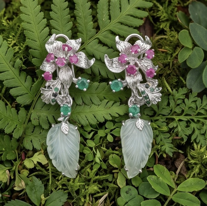 RARE BEAUTY! Valentina 38.2 carat CARVED Green Amethyst .925 Sterling Silver dipped in rhodium Statement earrings - Floral earrings with carved amethyst and gemstones on leafy background.