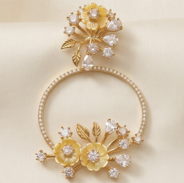 Secret Melody Authentic 11.2 carat Moissanite 22K Gold over .925 Sterling Silver handcrafted Statement Pendant - Floral design moissanite and gold jewelry, top-down view.