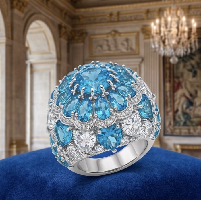 Blue Cascade Natural 14.8 carat Swiss Blue Topaz .925 Sterling Silver dipped in rhodium handmade Large Statement Ring size 6 1/4 - Blue Cascade ring with Swiss Blue Topaz, front view, elegant setting.