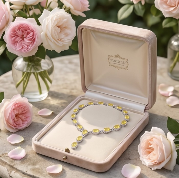 Luxurious - 58.5 carat Yellow Sapphire from Ceylon .925 Sterling Silver dipped in Rhodium handcrafted Necklace - Yellow sapphire necklace in box surrounded by pink roses, top view