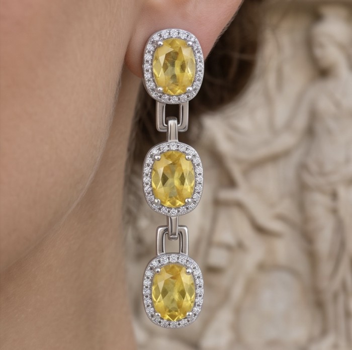 Luxurious - 24.4 carat Yellow Sapphire from Ceylon .925 Sterling Silver dipped in Rhodium handcrafted earrings - Yellow sapphire earrings, worn, close-up view.