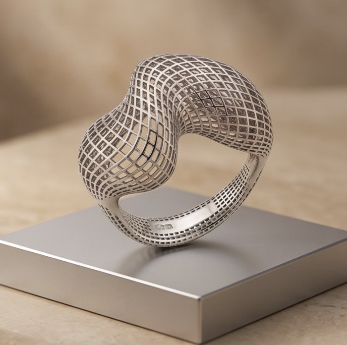 Melody .925 Sterling Silver handmade ring s. 8 1/4 - Sterling silver ring on display, side view, geometric design.