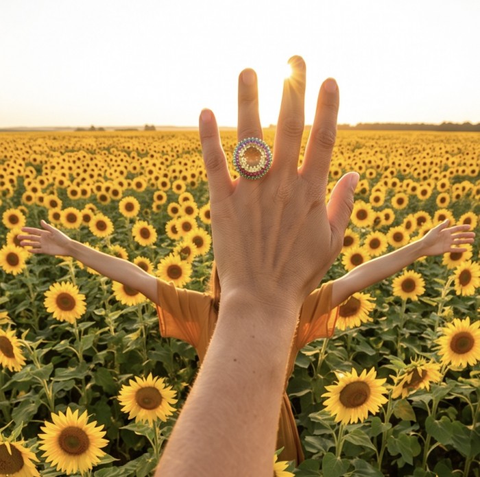 Gabriella 42.6 carat Lemon Quartz Peridot rhodium over .925 Sterling Silver handcrafted Statement ring size 9 - Worn on hand in sunflower field, Gabriella 42.6 carat Lemon Quartz ring.