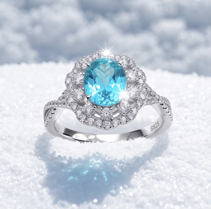WONDERLAND 4.8 carat Paraiba Tourmaline .925 Sterling Silver Handcrafted Ring size 8 - Close-up of 4.8 carat Paraiba Tourmaline ring on snowy background