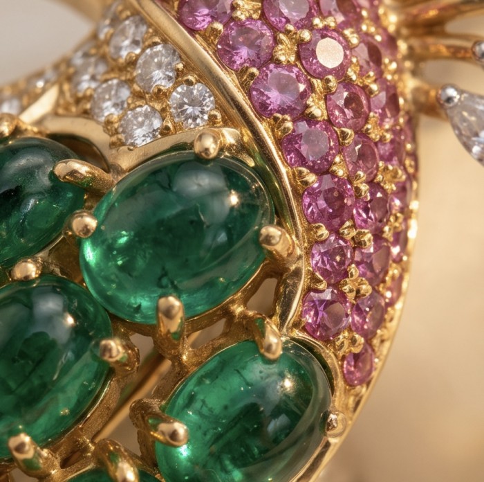 Precious Exotic Bird Natural 10.2 carat Colombian Emerald 2 tones .925 Sterling Silver Brooch - Stone close-up of Precious Exotic Bird Colombian Emerald jewelry