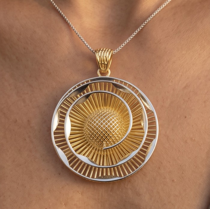 Dubai Style - Golden Rose .925 Sterling Silver dipped in 22K Gold handmade Pendant - Golden Rose pendant in sterling silver, worn on neck, front view.