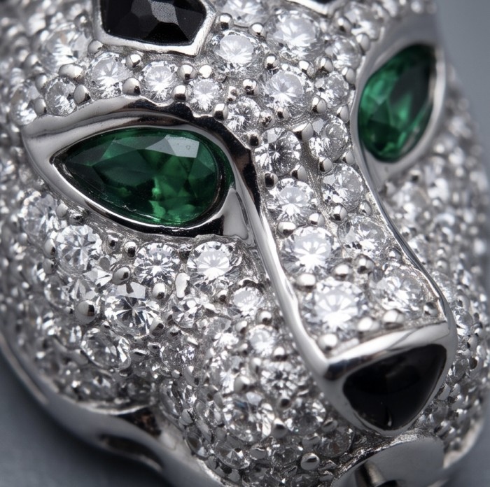 Precious Gaphard Natural 0.5 carat Emerlad black enamel .925 Sterling Silver handcrafted Brooch - Close-up of jeweled panther face with emerald eyes and diamond details