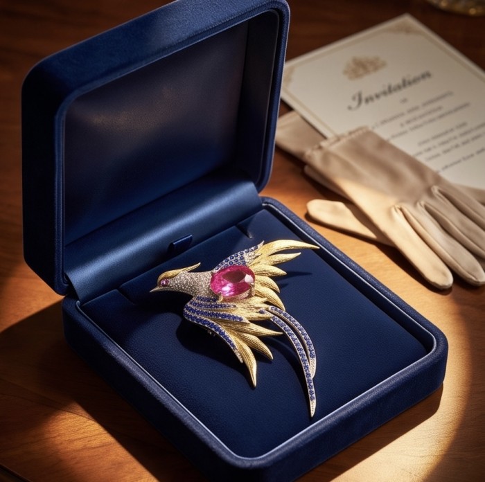 Colorful Precious Exotic Bird 5.2 Ruby 1.8 carat pave Sapphire 2 tones .925 Sterling Silver Pendant Brooch - Exotic bird brooch with ruby and sapphires in open box, top view.