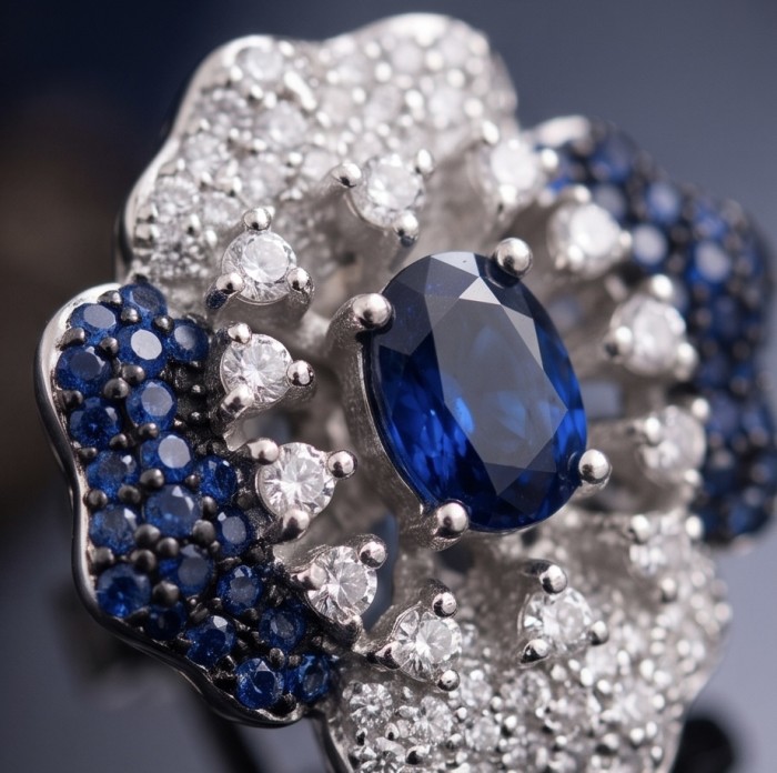 Natural 4.2 carat Mozambique Sapphire .925 Sterling Silver dipped in rhodium Handcrafted Earrings - Close-up of a sapphire and diamond sterling silver ring.